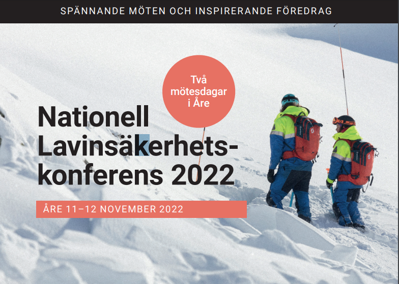 Bild med två lavinräddare i full mundering. Text ovanför som gör reklam för lavinsäkerhetskonferensen 11-12 november 2022.